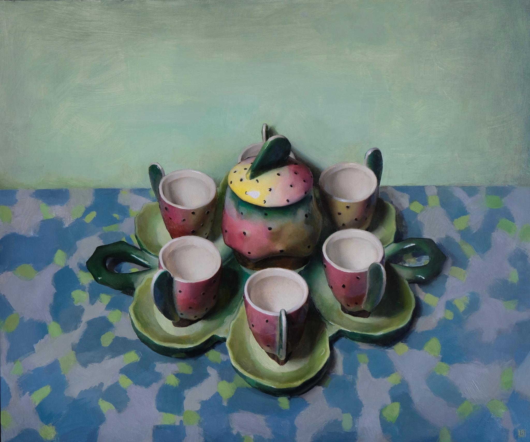 Lucas Bononi Interior Painting – The Gathering (Ölgemälde zeitgenössischer Realismus Stillleben grüne Teetassen)