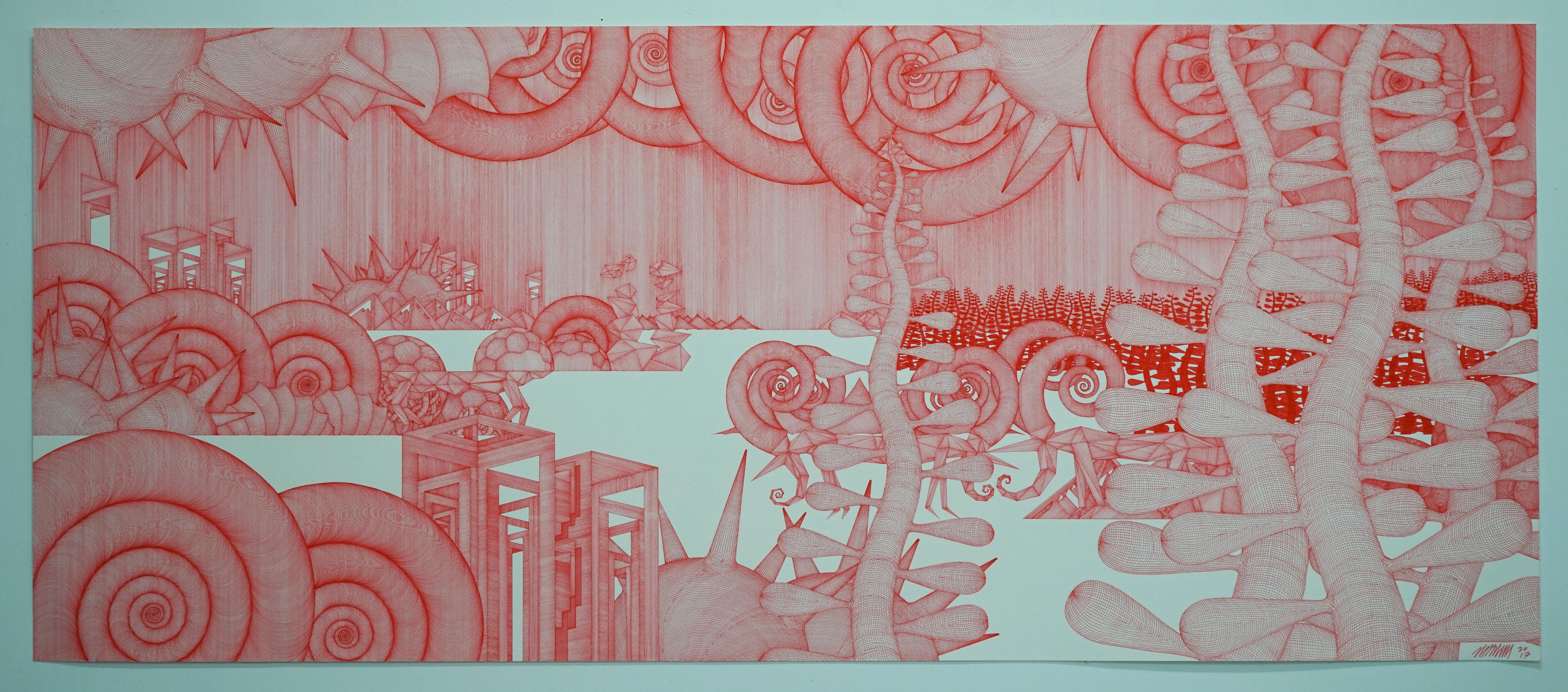 Cheolyu Kim Abstract Drawing – Journey #28 (monochrome rote Bleistiftzeichnung Holz detailliert orientalische dansaekhwa korea)