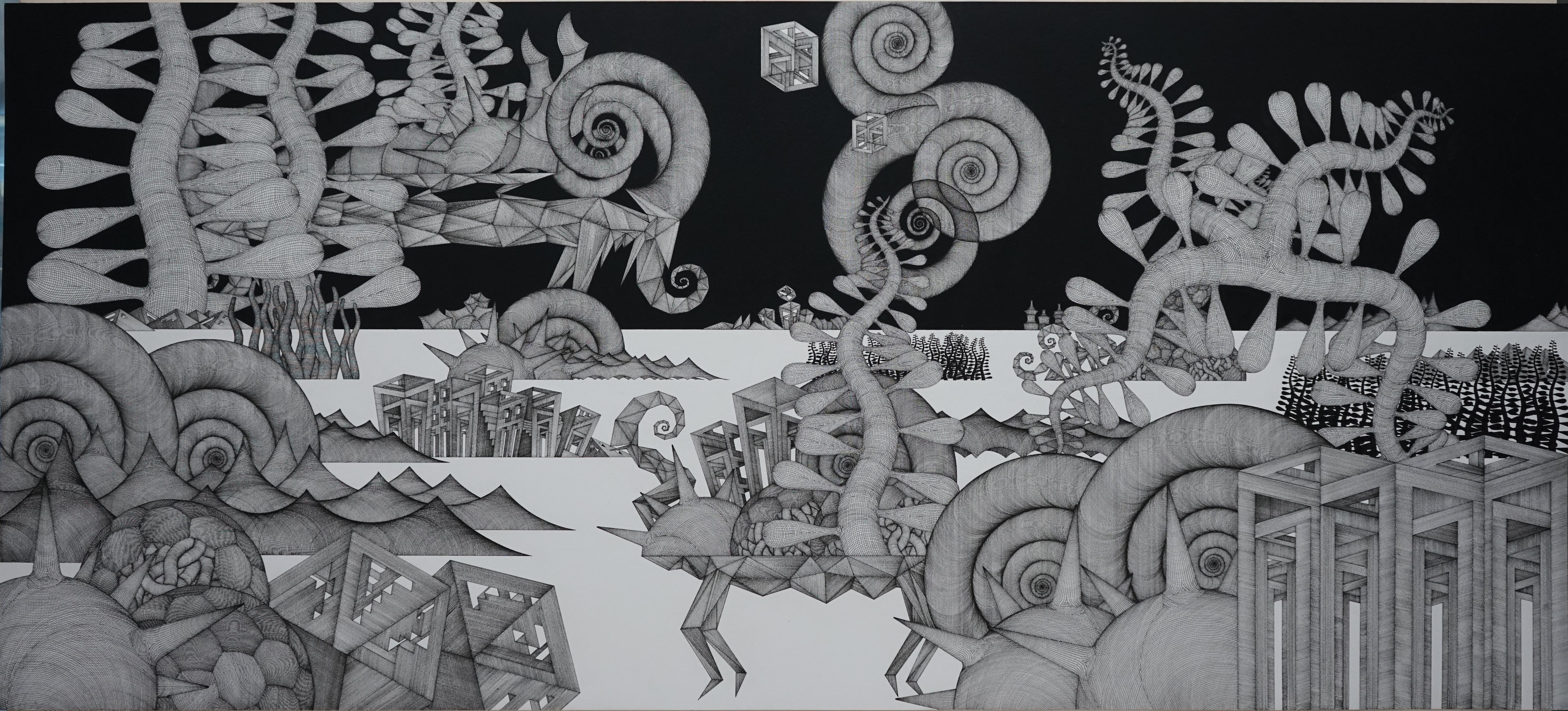 Cheolyu Kim Abstract Drawing – Journey #36 (monochromgrau-schwarz mit Bleistift zeichnen Holz detaillierte orientalische biomorphe Zeichnung
