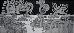 Journey #36 (monochrome grey black pen drawing wood detailed oriental biomorphic