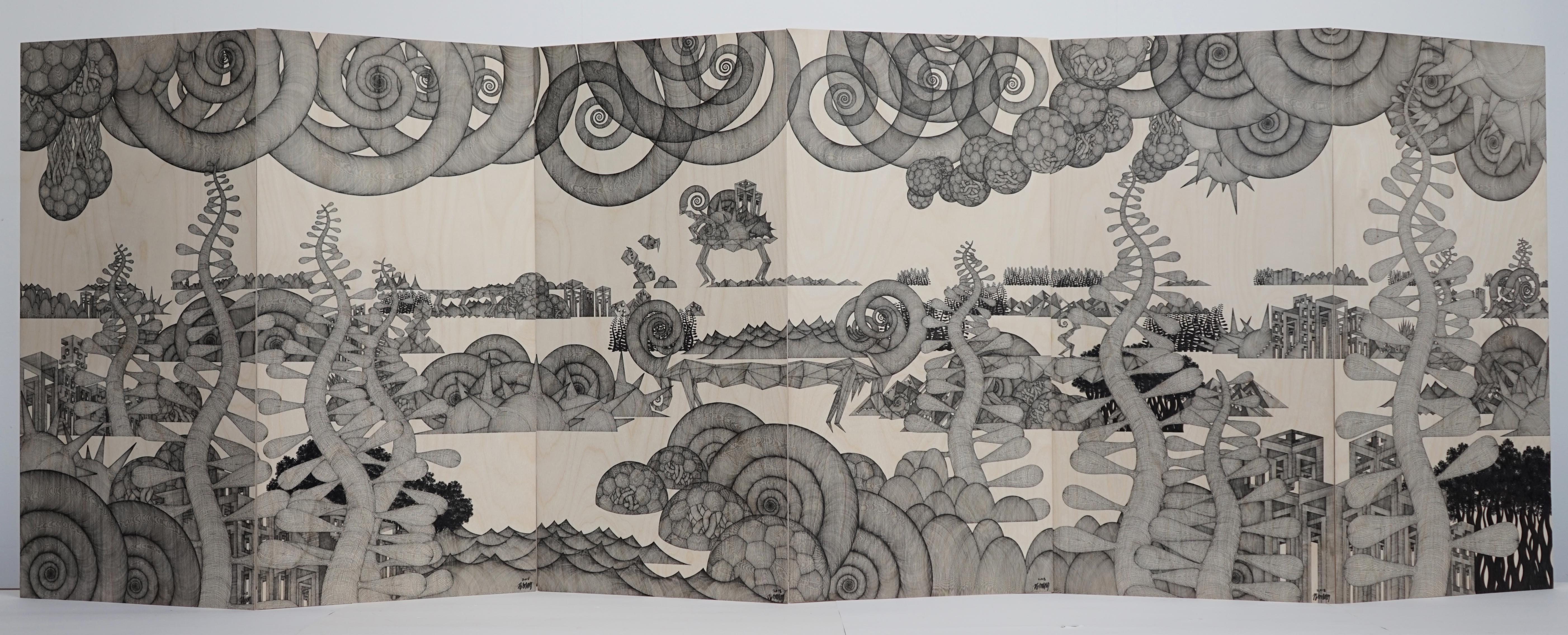 Cheolyu Kim Abstract Drawing - Journey #35 (monochrome grey noir pen drawing wood detailed oriental dansaekhwa
