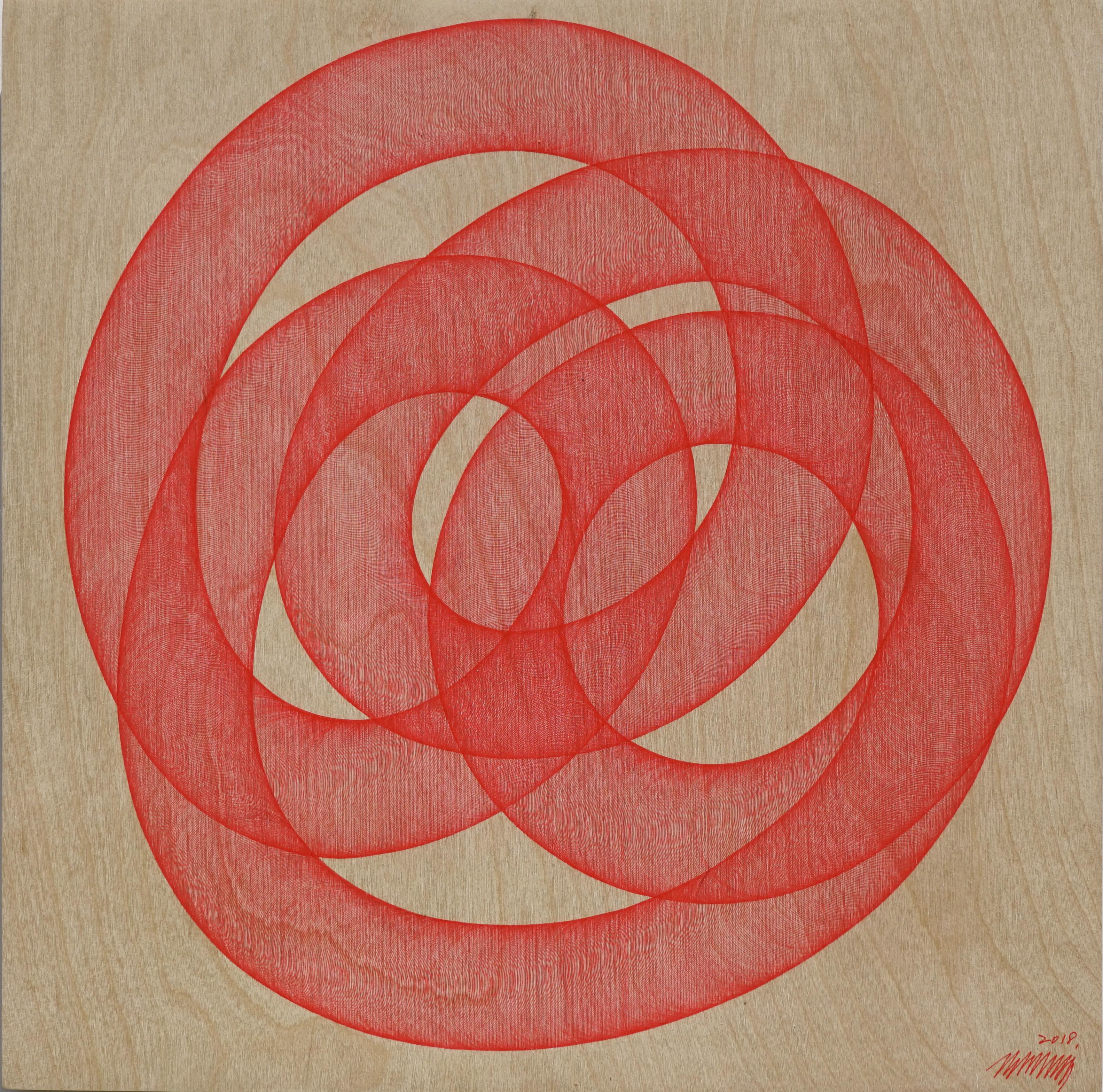 Cheolyu Kim Abstract Painting – Infinity #53 (monochrome rote Federzeichnung, Holzdetailliert orientalische dansaekhwa)