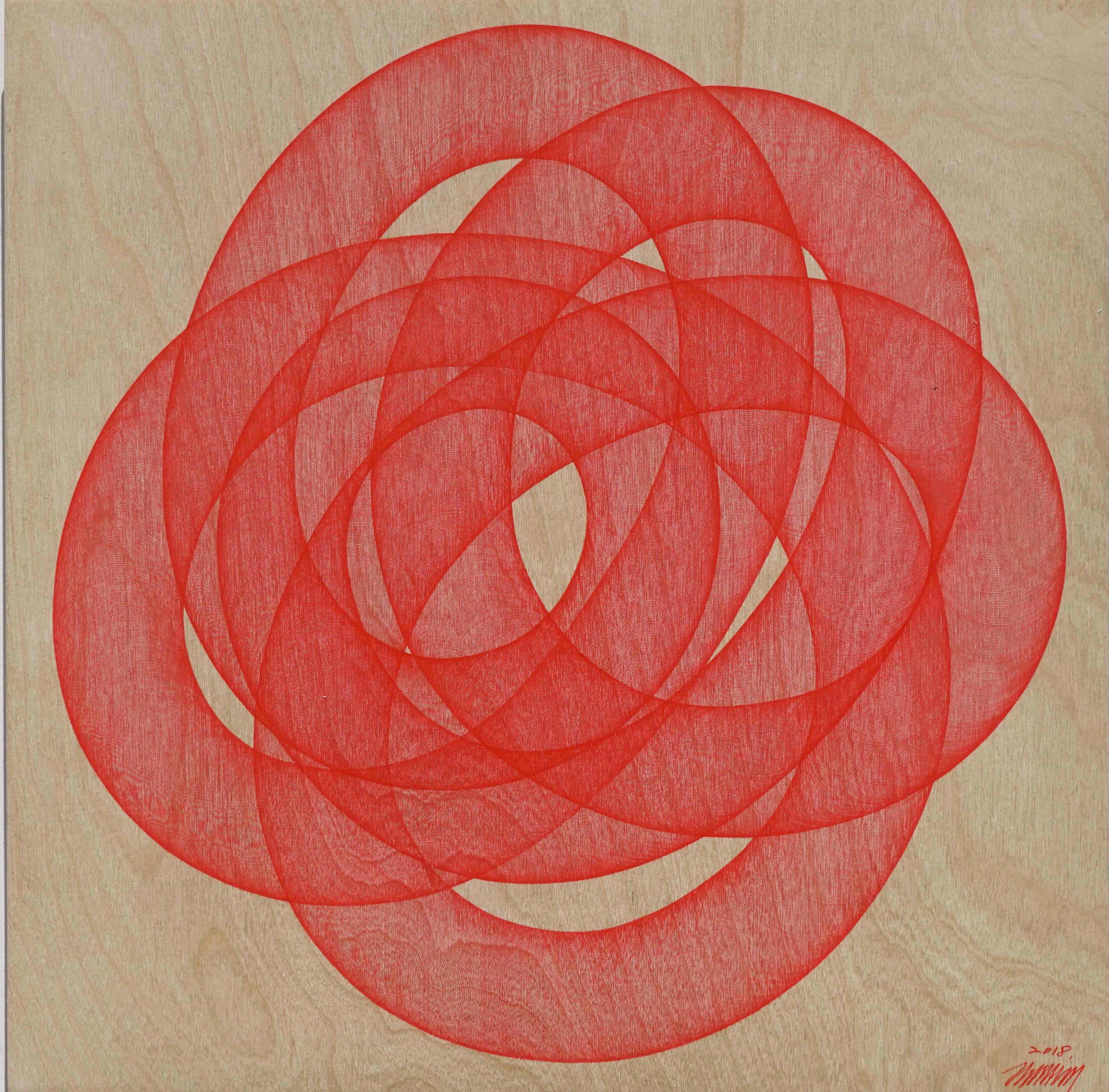 Cheolyu Kim Abstract Drawing - Infinity #54 (op art curvy monochrome red pen drawing wood detailed oriental) 