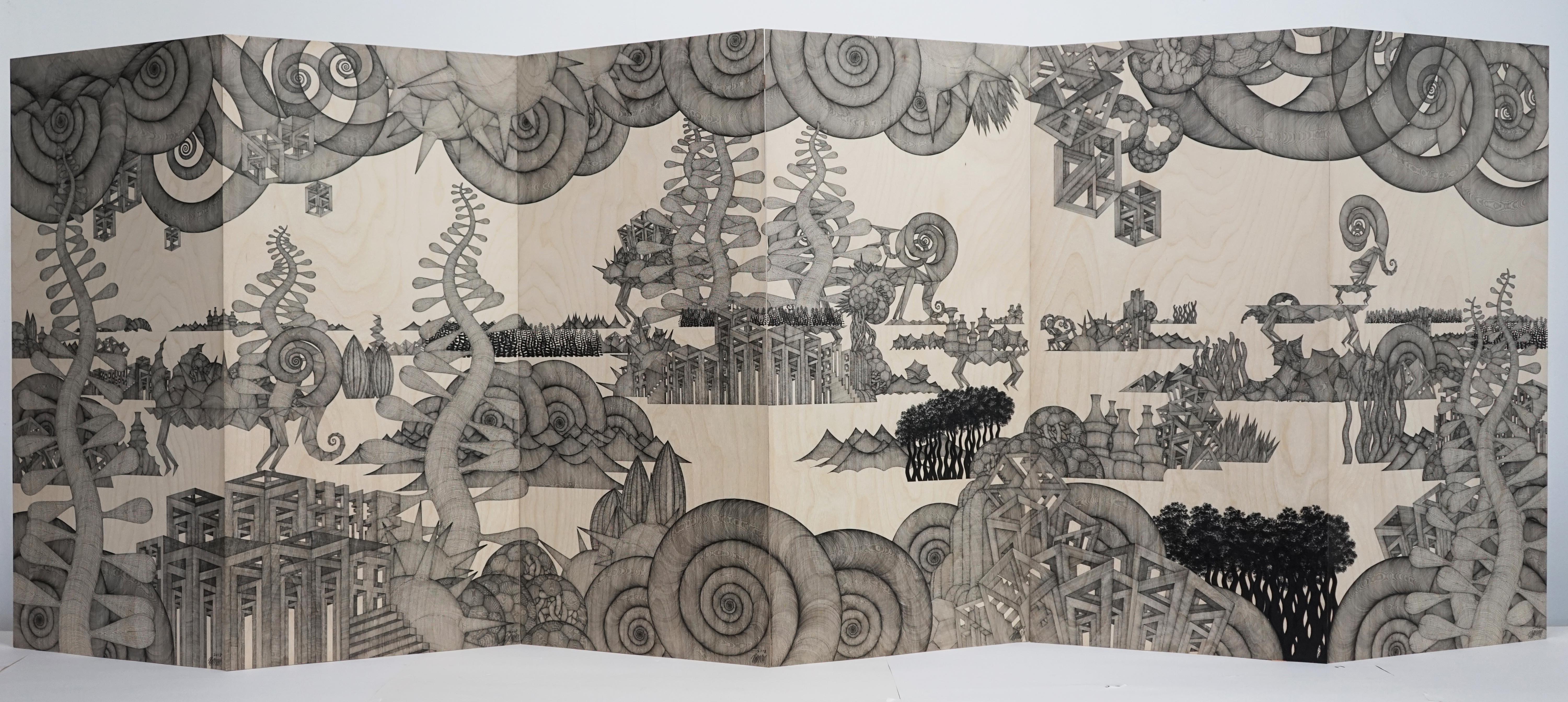 Cheolyu Kim Abstract Drawing - Journey #38 (monochrome grey pen drawing wood detailed oriental dansaekhwa)