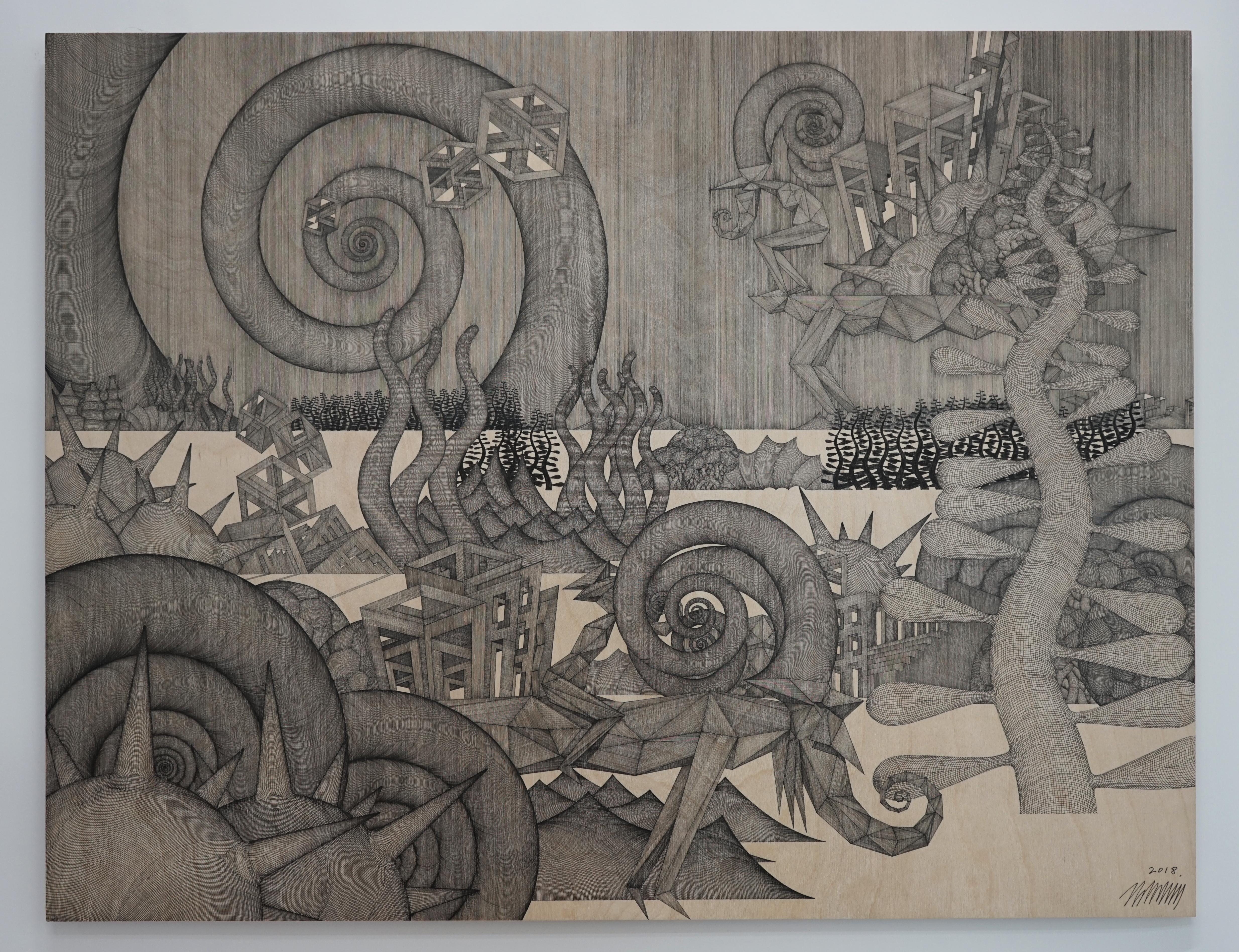 Journey #40 (monochrome grey pen drawing wood detailed oriental dansaekhwa)