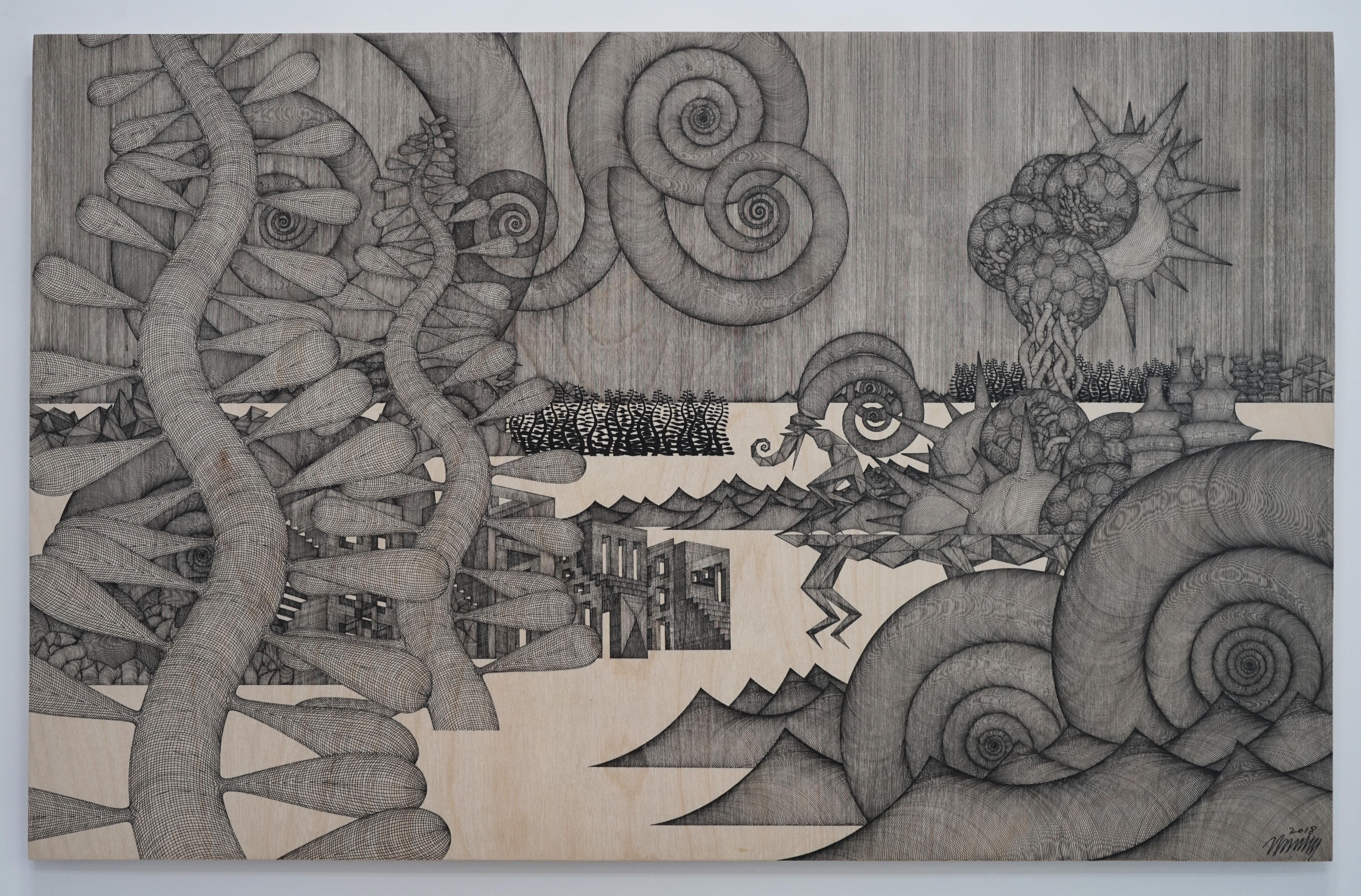 Cheolyu Kim Abstract Drawing - Journey #49 (monochrome grey pen drawing wood detailed oriental dansaekhwa)