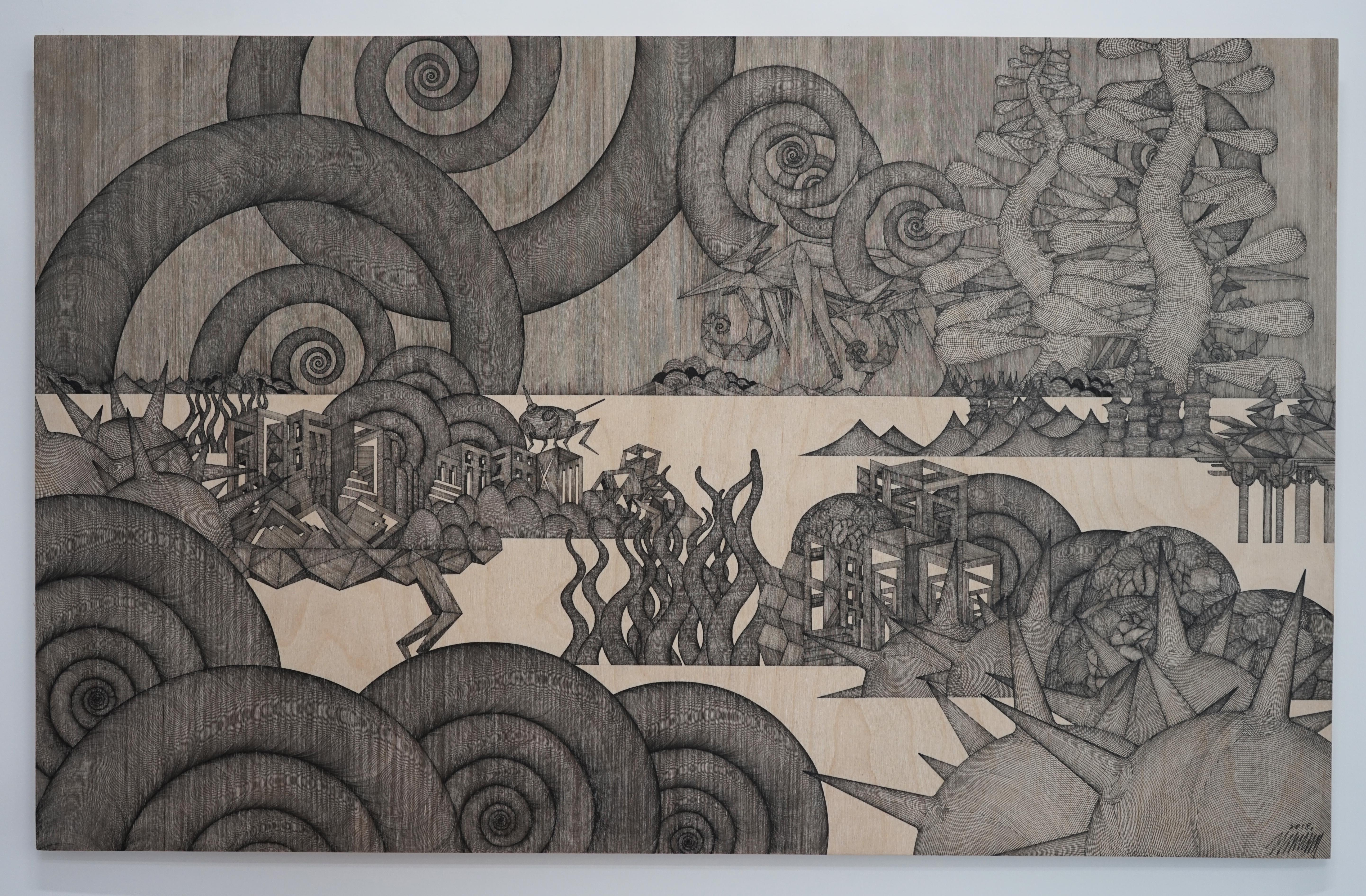Cheolyu Kim Landscape Art - Journey #53 (monochrome grey pen drawing wood detailed oriental dansaekhwa)