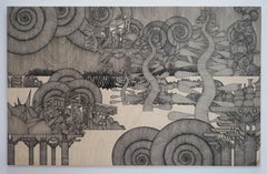 Journey #54 (monochrome grey pen drawing wood detailed oriental dansaekhwa)