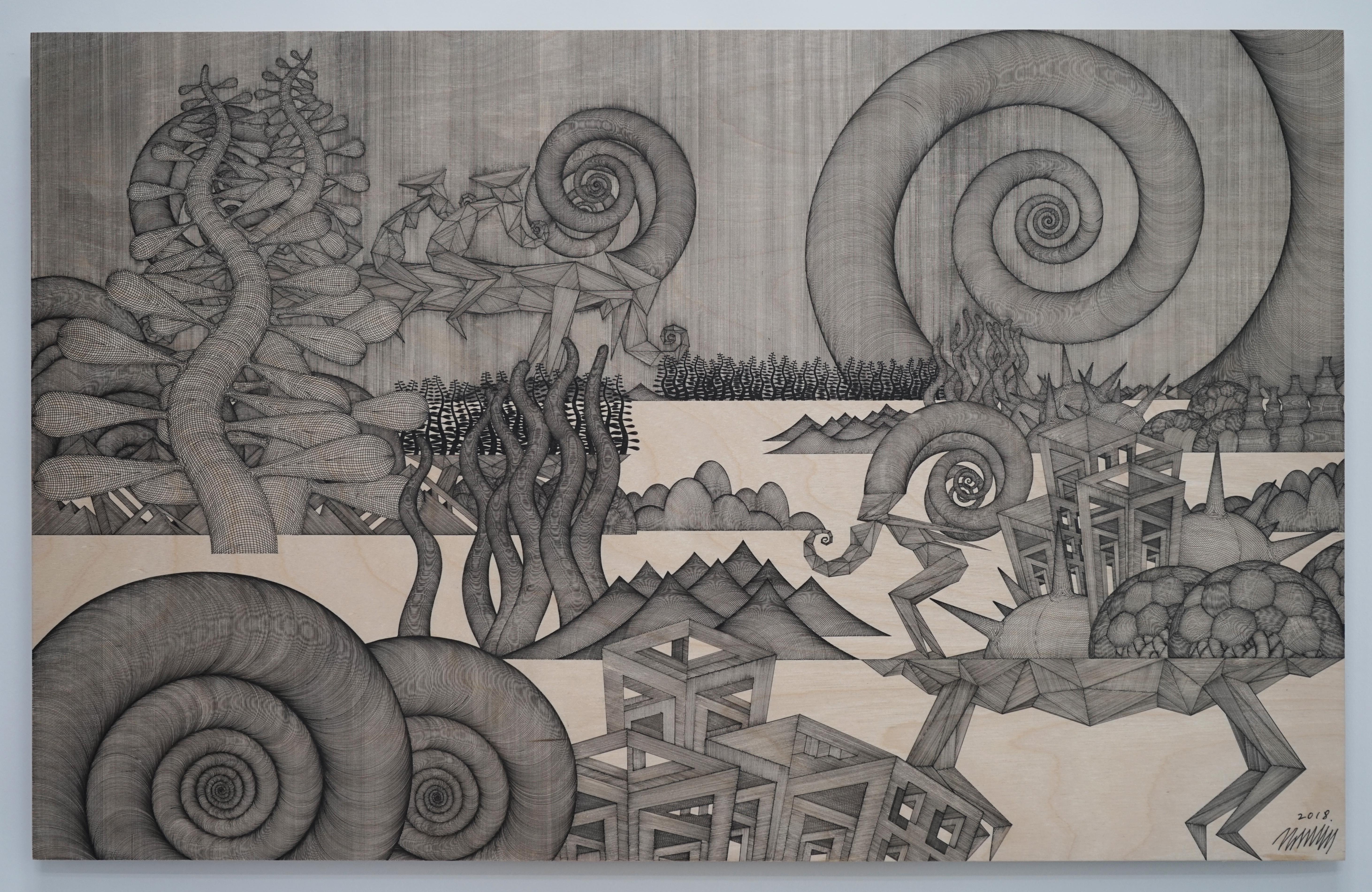 Cheolyu Kim Landscape Art – Journey #39 (monochromgraue graue Bleistiftzeichnung Holz detailliert orientalische dansaekhwa)
