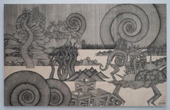Journey #39 (monochrome grey pen drawing wood detailed oriental dansaekhwa)