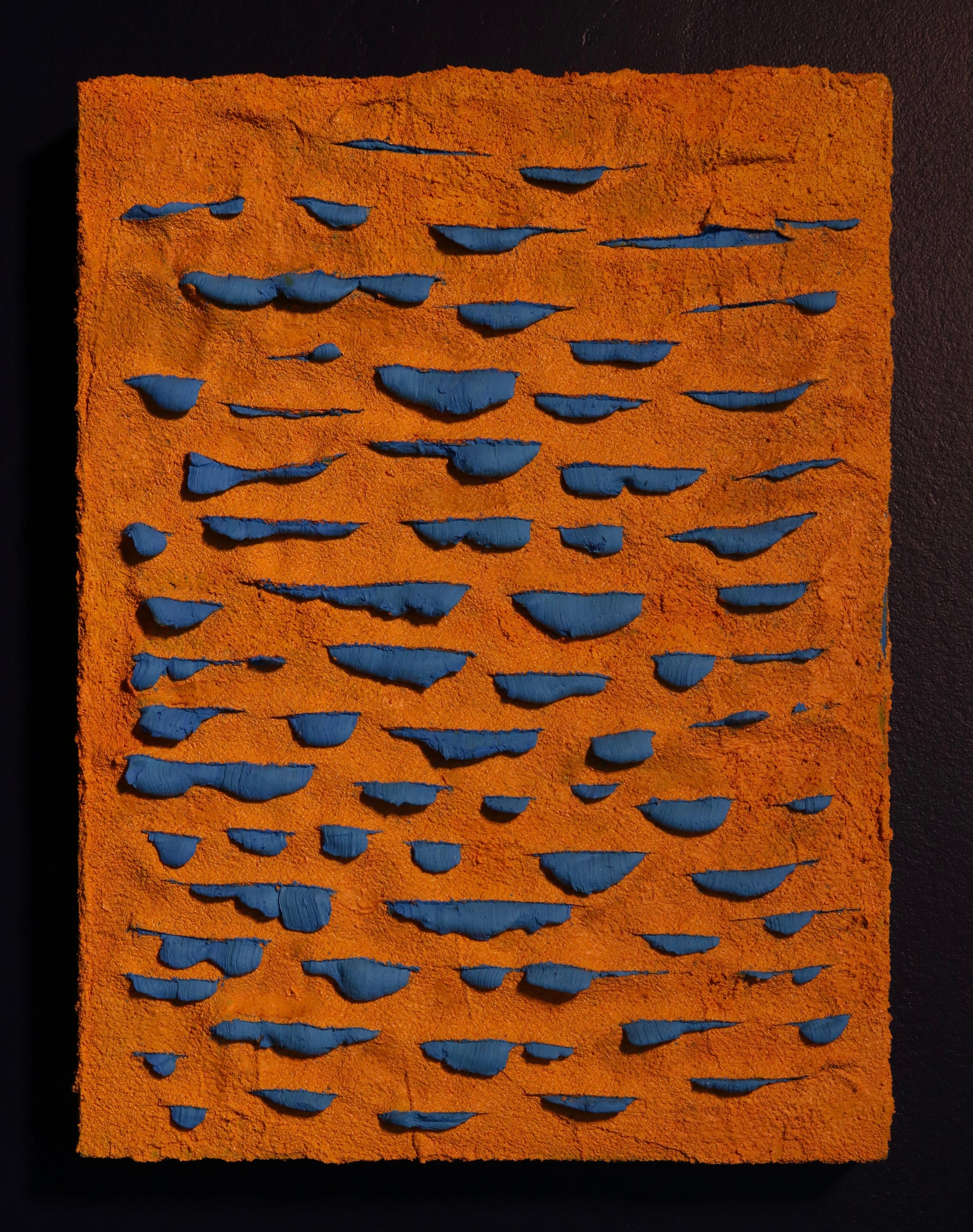 Orange and Blue Ooze (Lucio Fontana slash oil painting abstract contemporary art - Mixed Media Art by Lucas Biagini