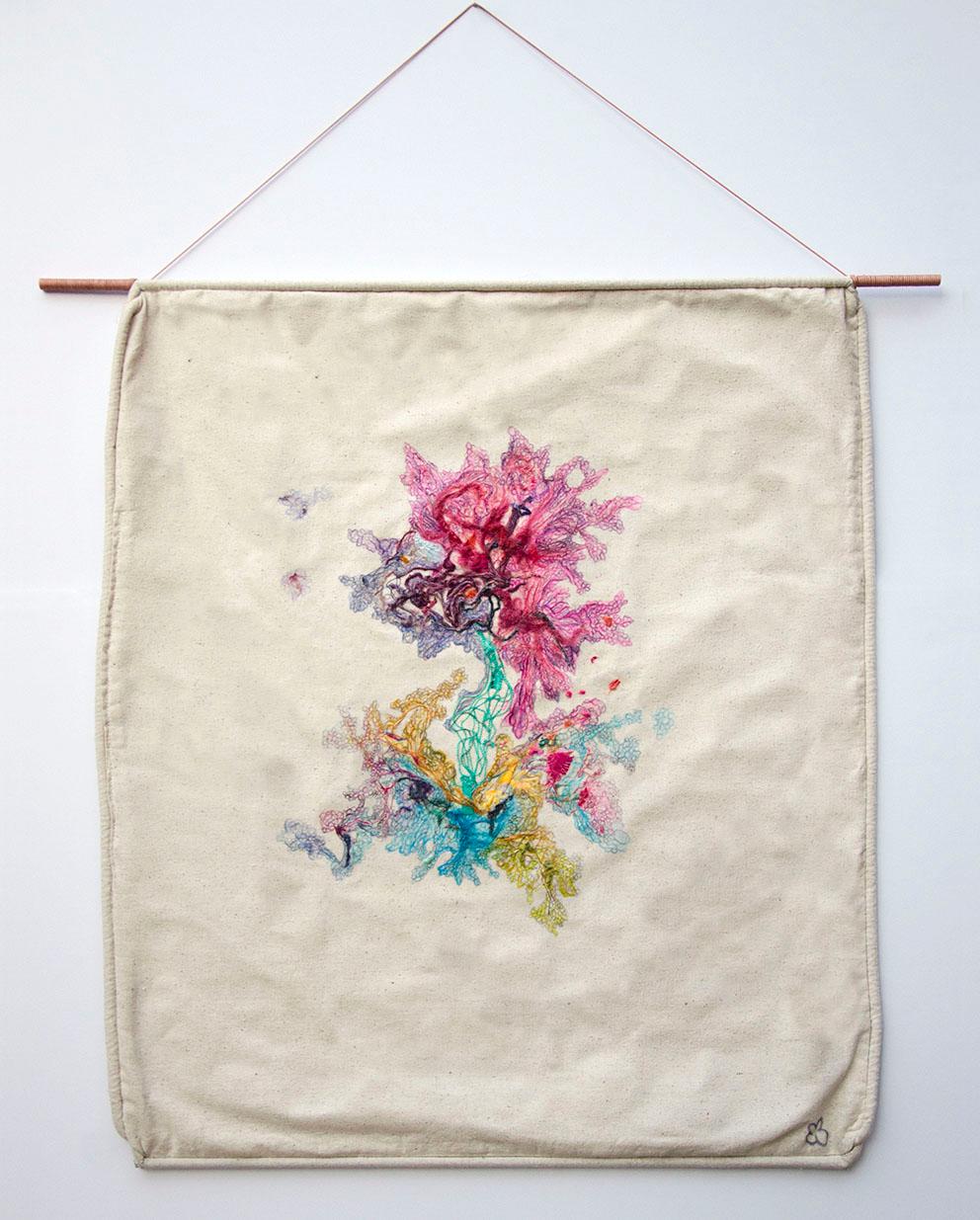 She of Life (fiber art, embroidery, textile art, wall hanging, pastel colours)