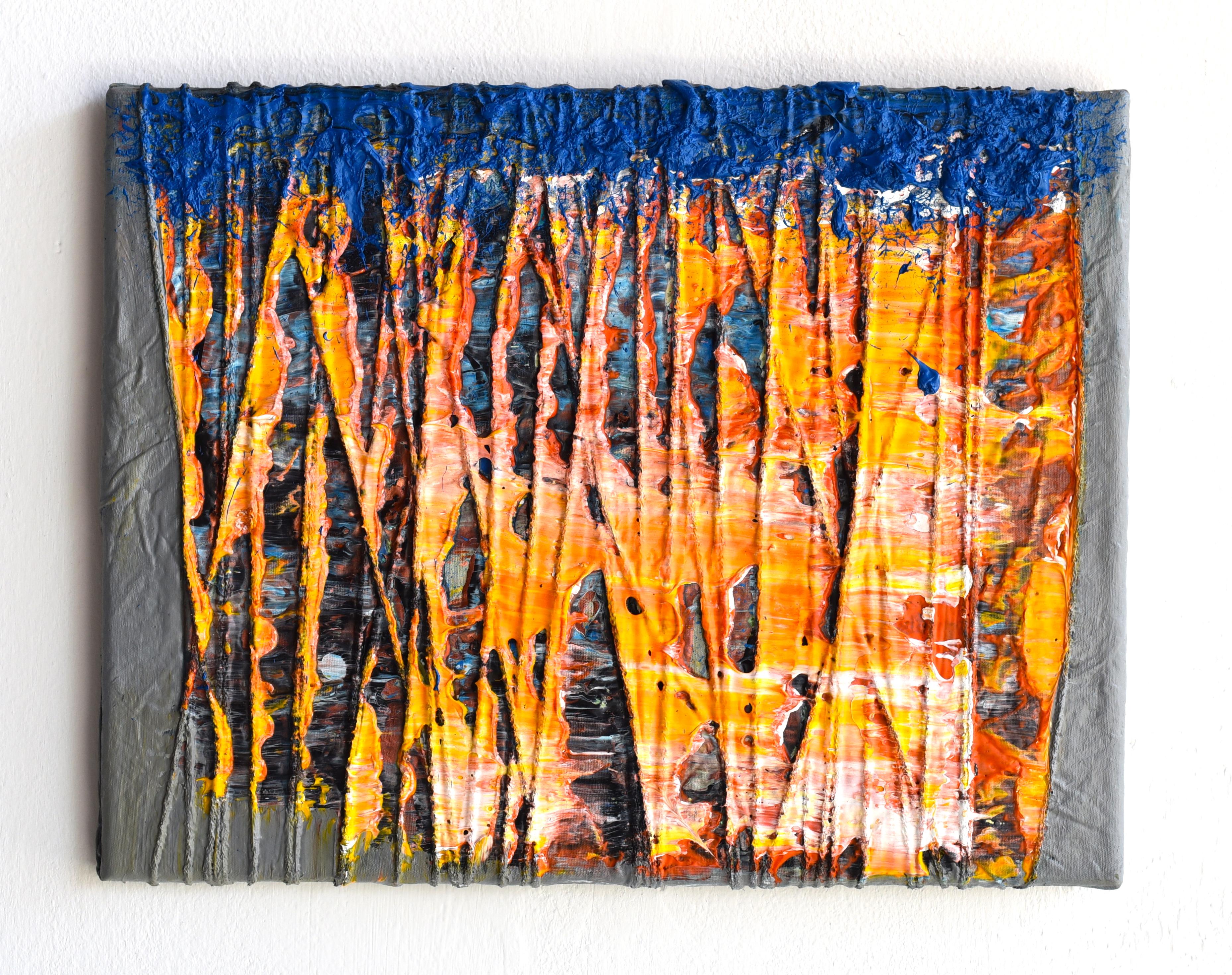 Material Painting 6 (abstract painting, contemporary, orange, blue, textile art) - Mixed Media Art by Anna-Lena Sauer