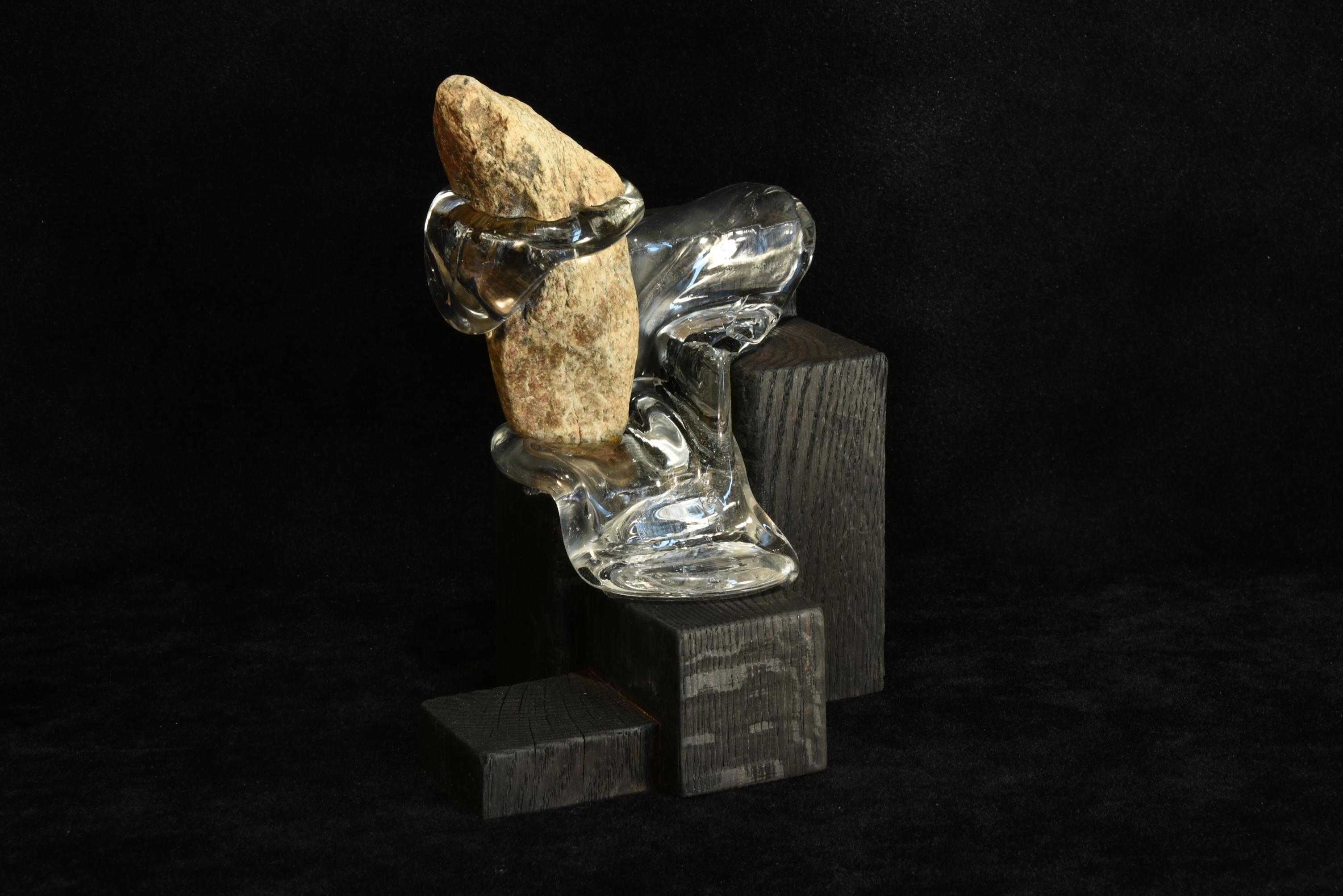 Flow (blown glass art design aluminium black wood rock table top sculpture)