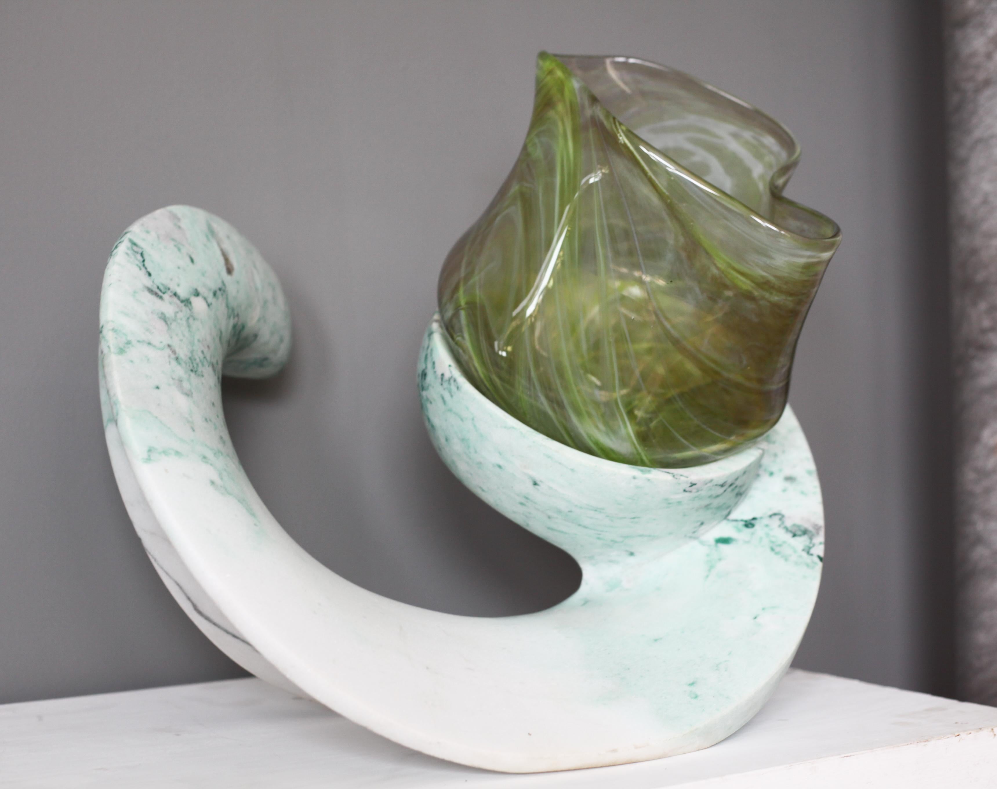 Robert Burch Abstract Sculpture - Nesting (blown glass art design green marble wood rock table top sculpture )
