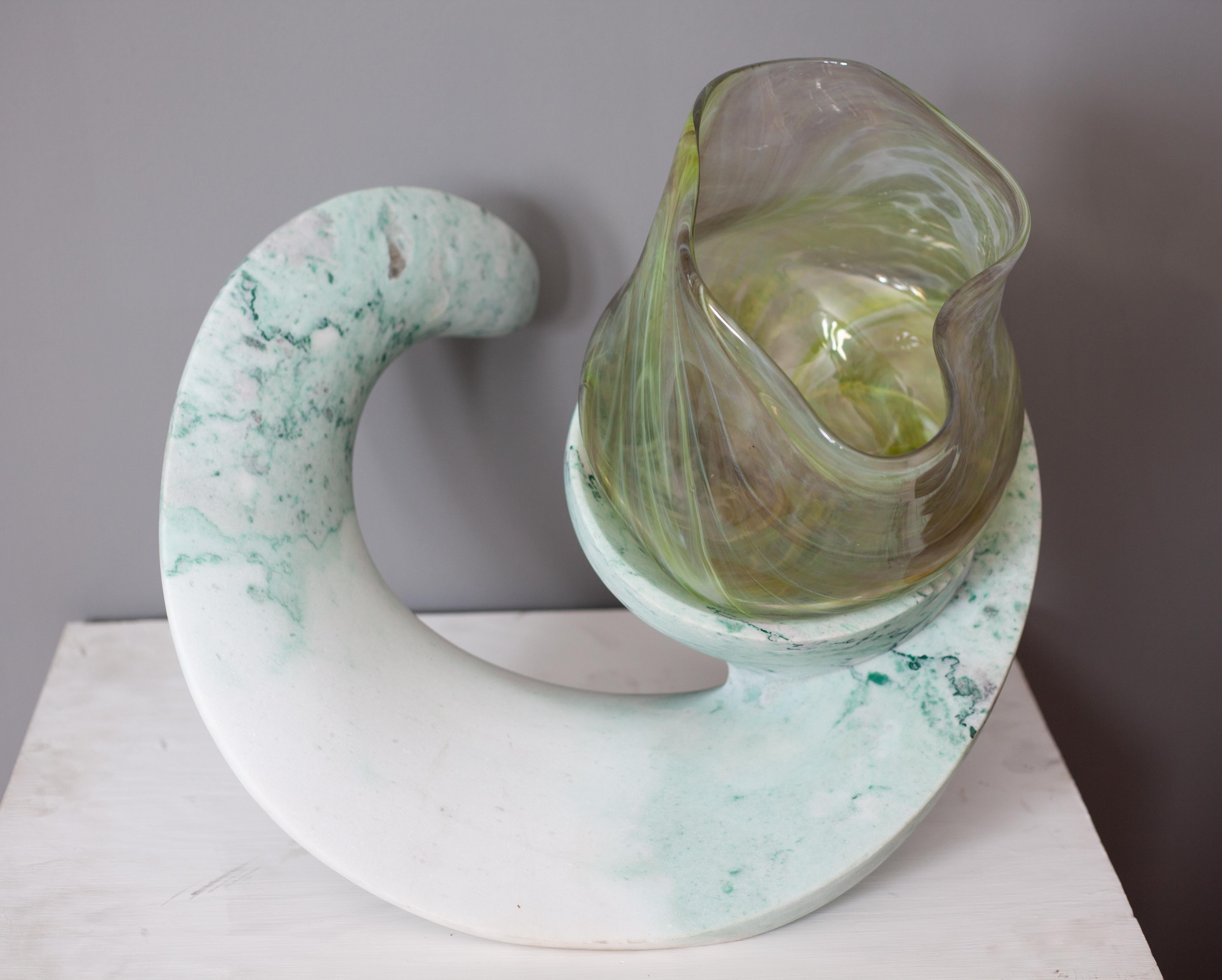 Nesting (blown glass art design green marble wood rock table top sculpture ) - Sculpture by Robert Burch