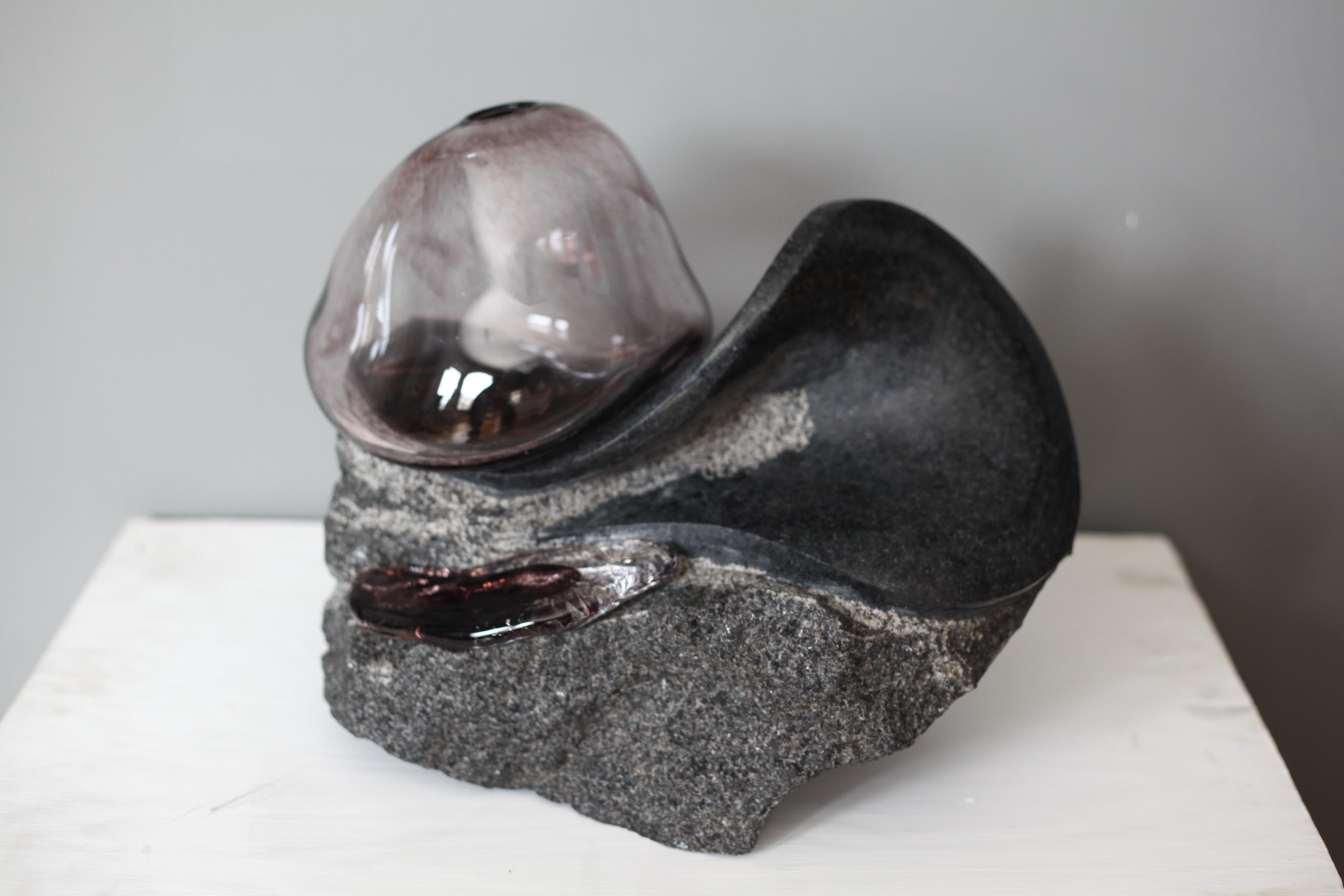 Robert Burch Abstract Sculpture -  The Golden Mean (blown glass art design grey marble rock table top sculpture )