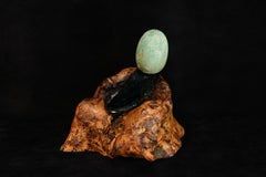 Primordial (green egg blown glass art design oak wood copper table top sculpture