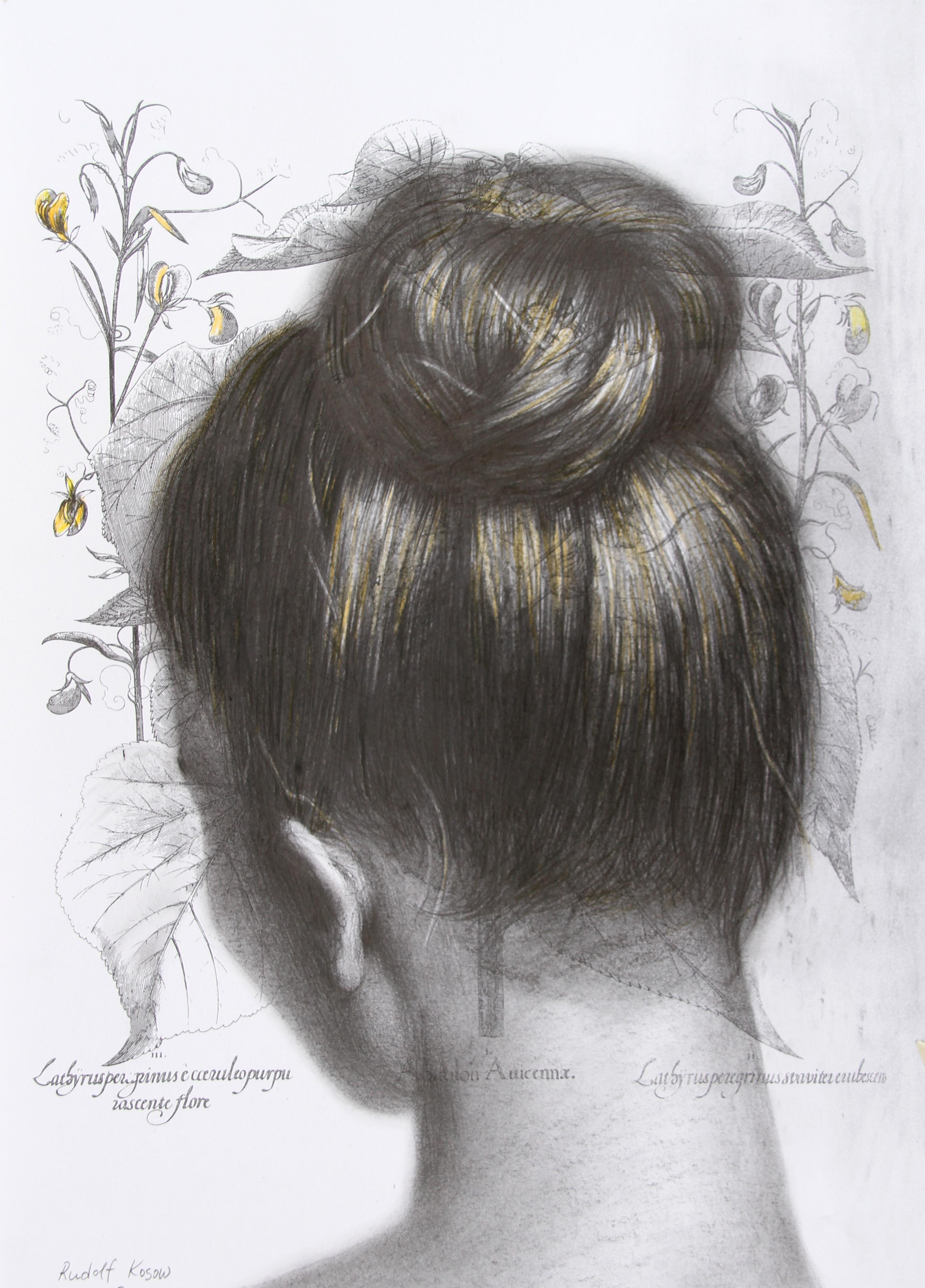 Abutilon  Auicennae (drawing paper vintage girl chignon portrait hair bun neck)