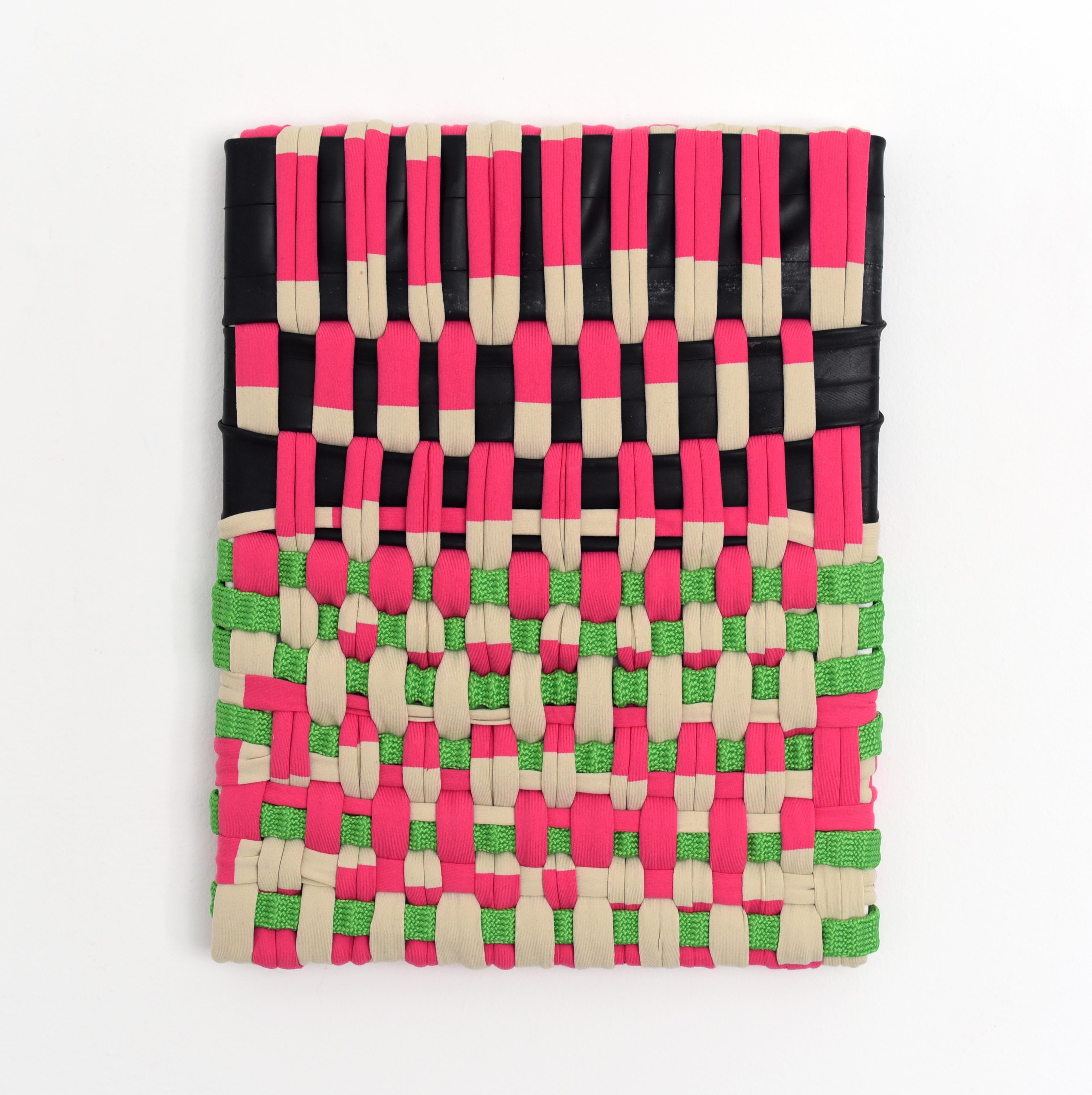 Irregular Patters 2 (red black green fabric wall art abstract sculpture grid) - Mixed Media Art by Anna-Lena Sauer