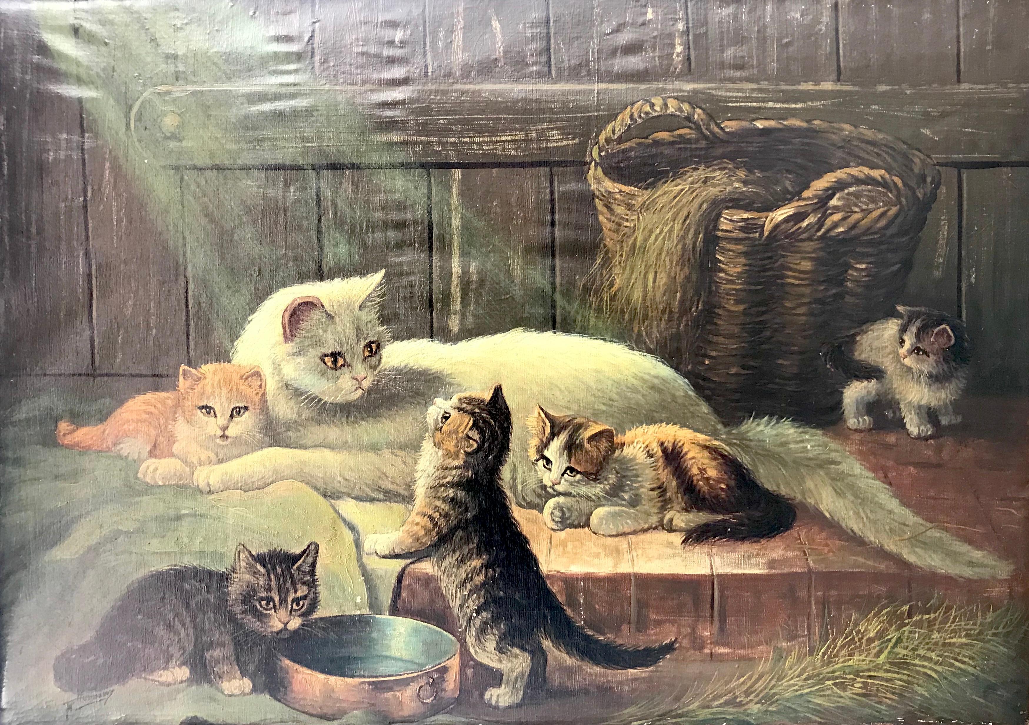 M. Hennawy Animal Painting - M Hennawy; Cat Family; oil on canvas; early 20th c