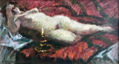 Vintage Jurakovsky (Russian 20th-century); Reclining Nude with Oil Lamp; oil on board