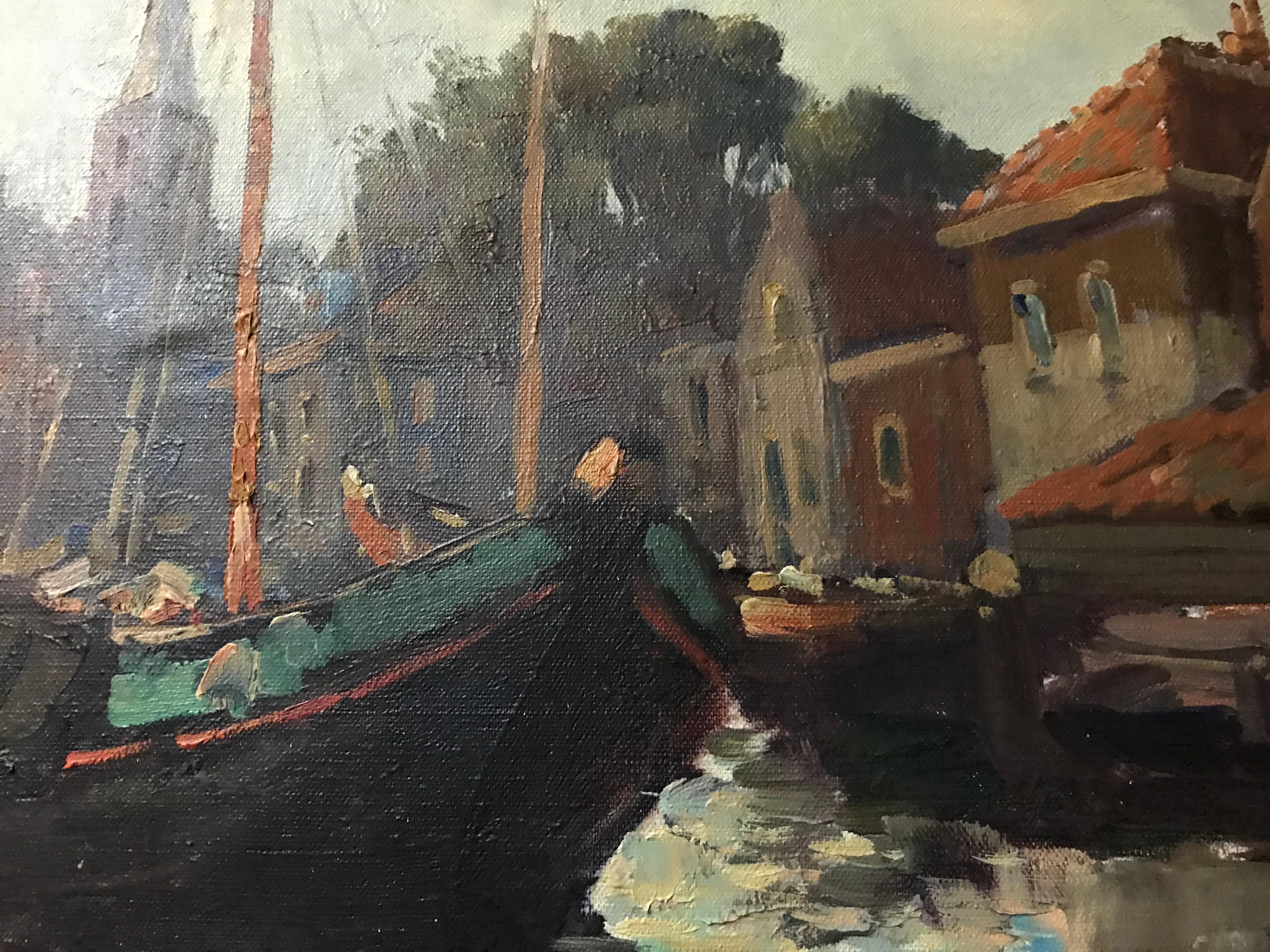 Quiet image of a harbour with ships that you no longer see in harbours. 
