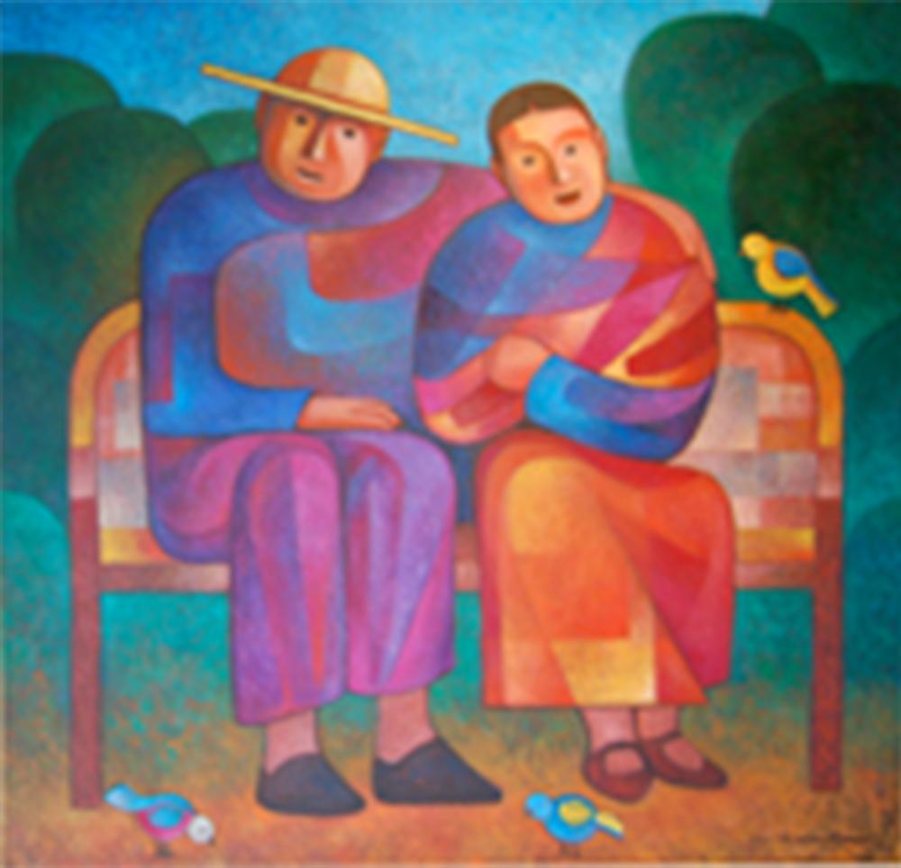 Carlos Orduña Figurative Painting – Couple in the garden