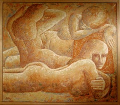 Harry LeMay (American 20th c); Three Golden Nudes; acrylic on canvas