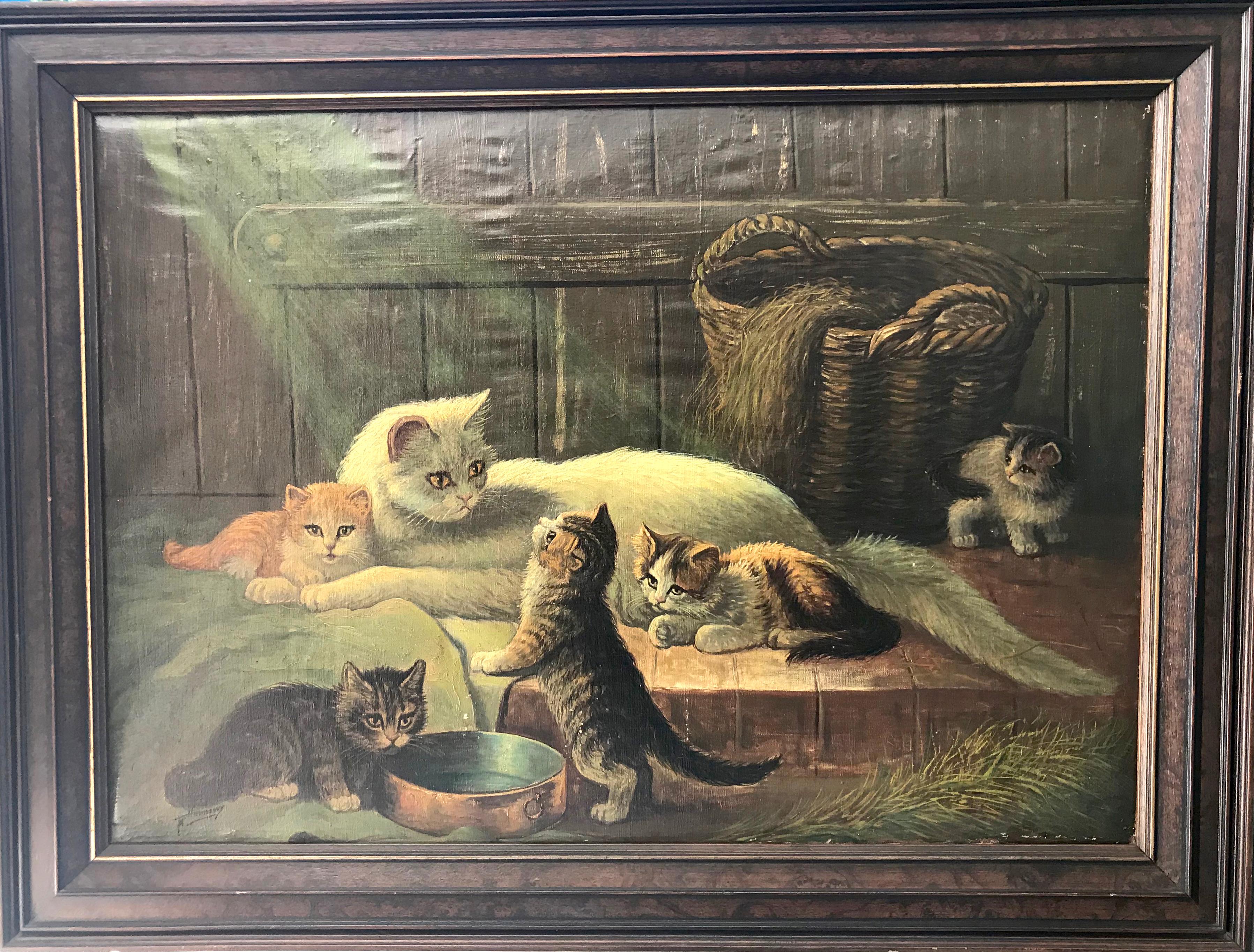 M Hennawy; Cat Family; oil on canvas; early 20th c - Painting by M. Hennawy