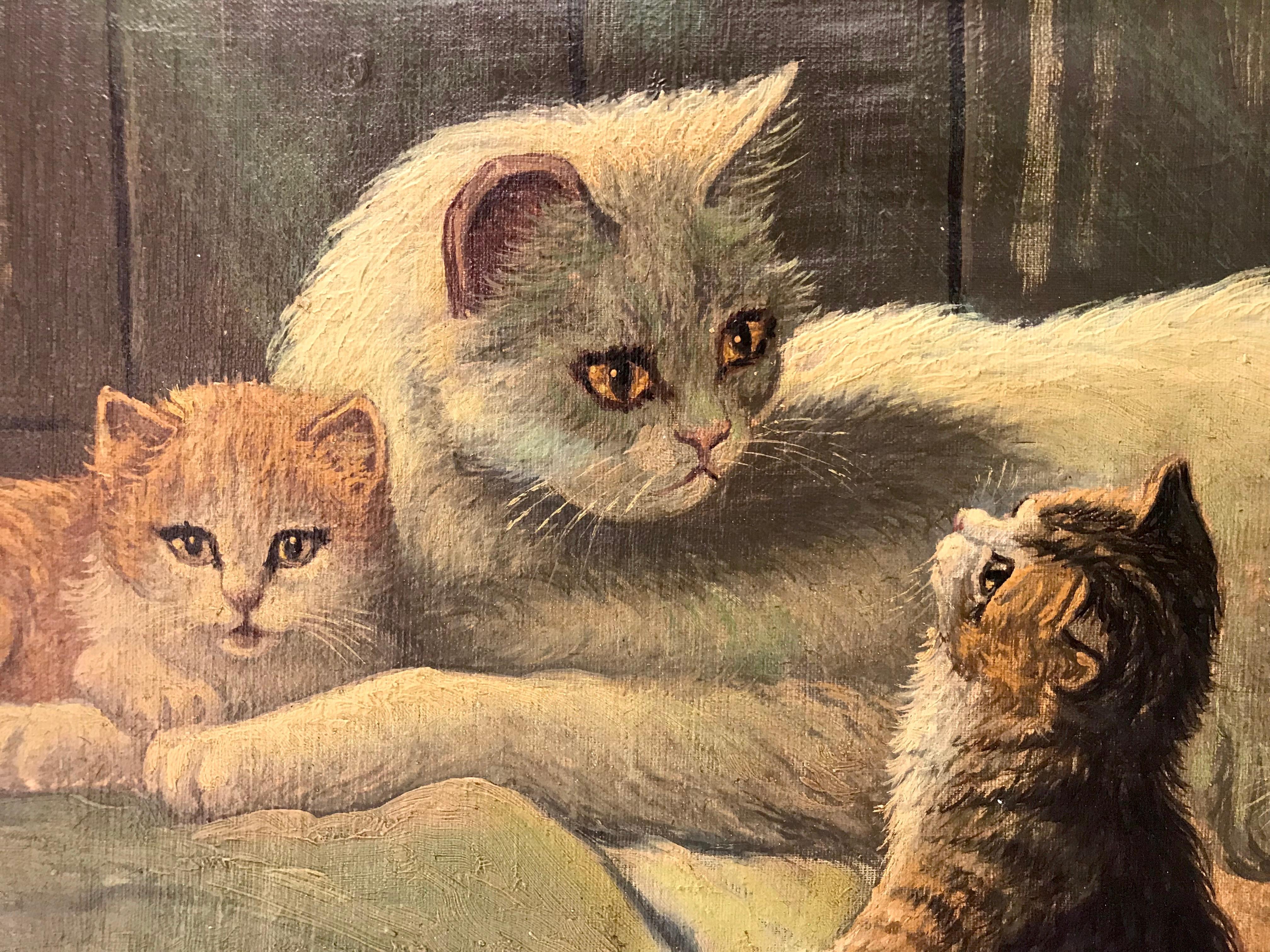 M Hennawy; 
Cat Family; 
oil on canvas; 
early 20th c; 
28 x 29 in; frame: 32 x 24 in;