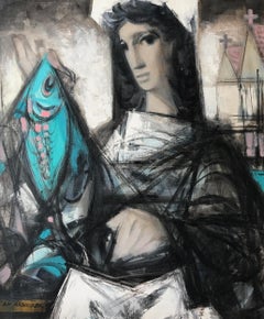 Antonin Marek Machourek (Czech 1913 - 1991); Woman with Fish; oil on canvas;