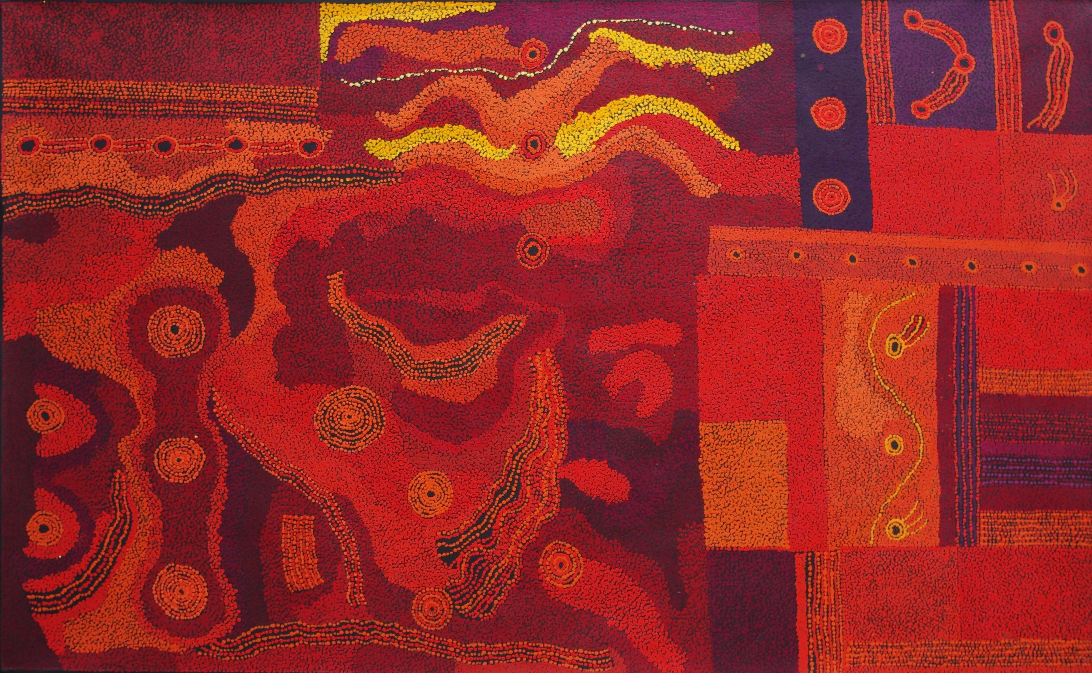Tjungkara Ken Abstract Painting - Australian Aboriginal Art, Seven Sisters red painting traditional Dreaming story