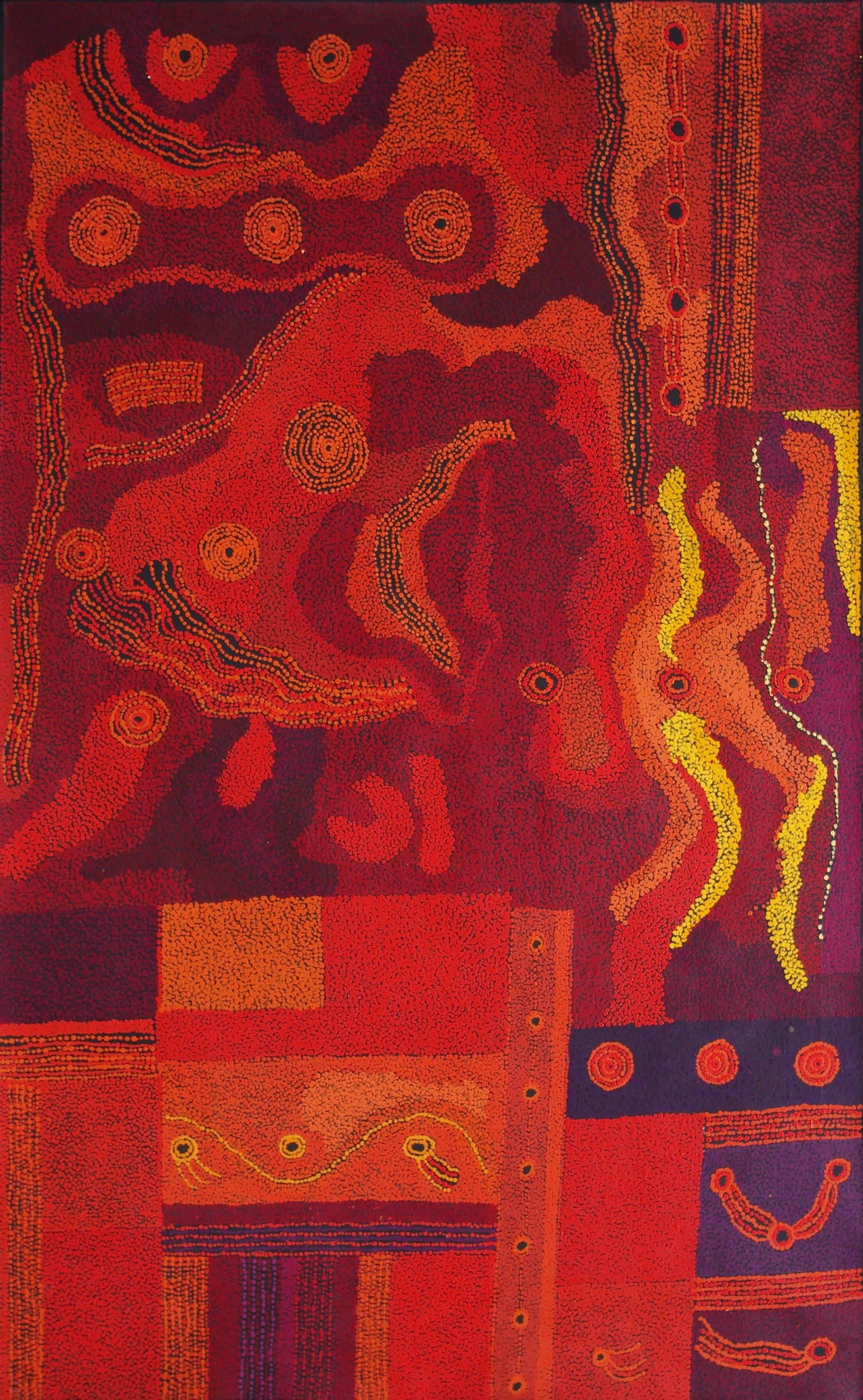 Australian Aboriginal Art, Seven Sisters red painting traditional Dreaming story - Painting by Tjungkara Ken