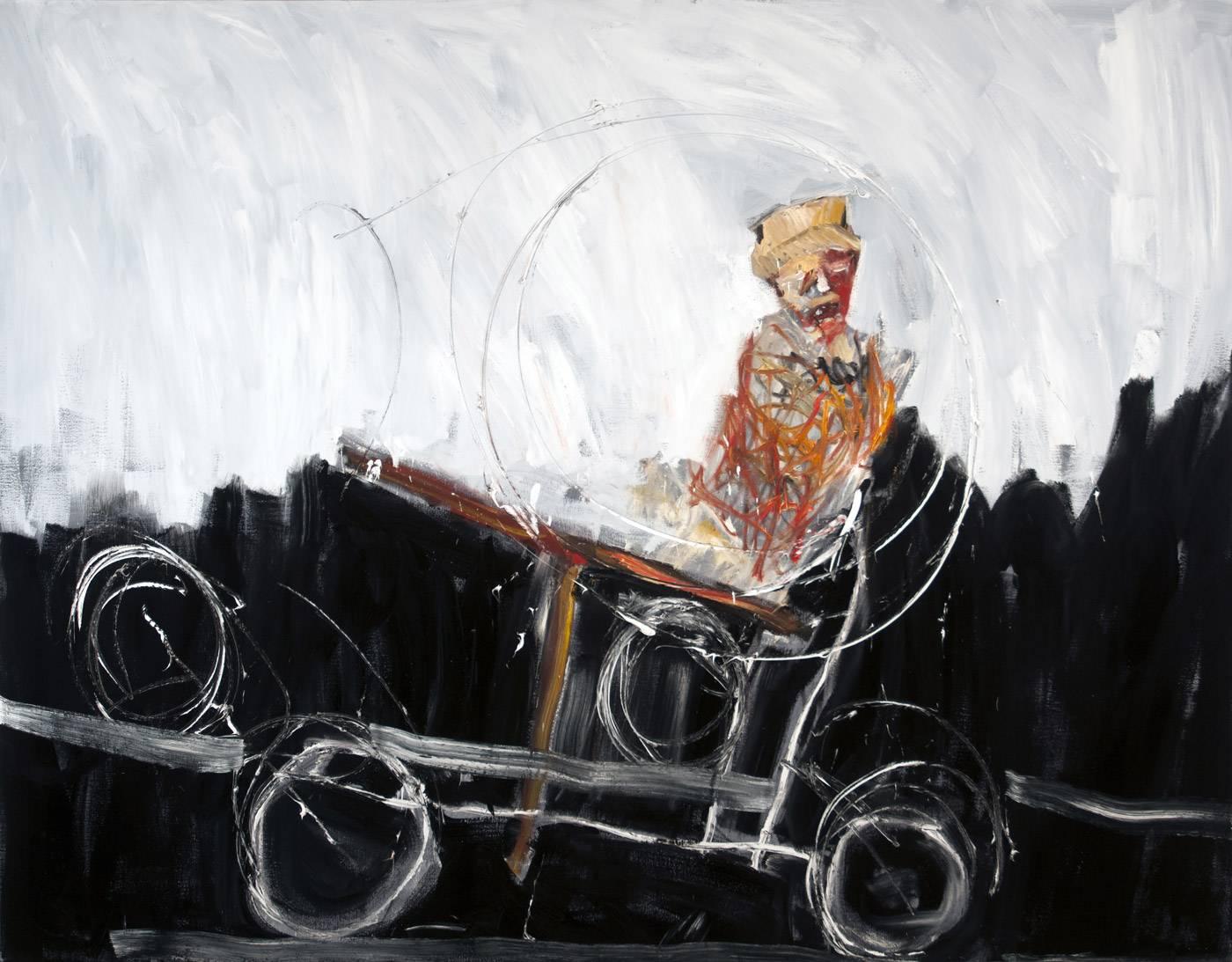 Michael Hafftka Figurative Painting – Memory, figurative oil painting of man on a handcar