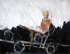 Memory, figurative oil painting of man on a handcar