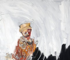 Memory, figurative oil painting of man on a handcar
