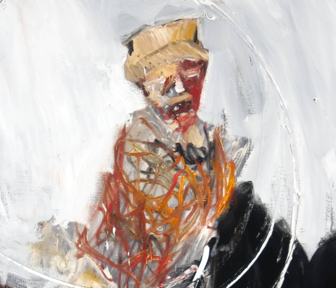 Memory, figurative oil painting of man on a handcar - Expressionist Painting by Michael Hafftka