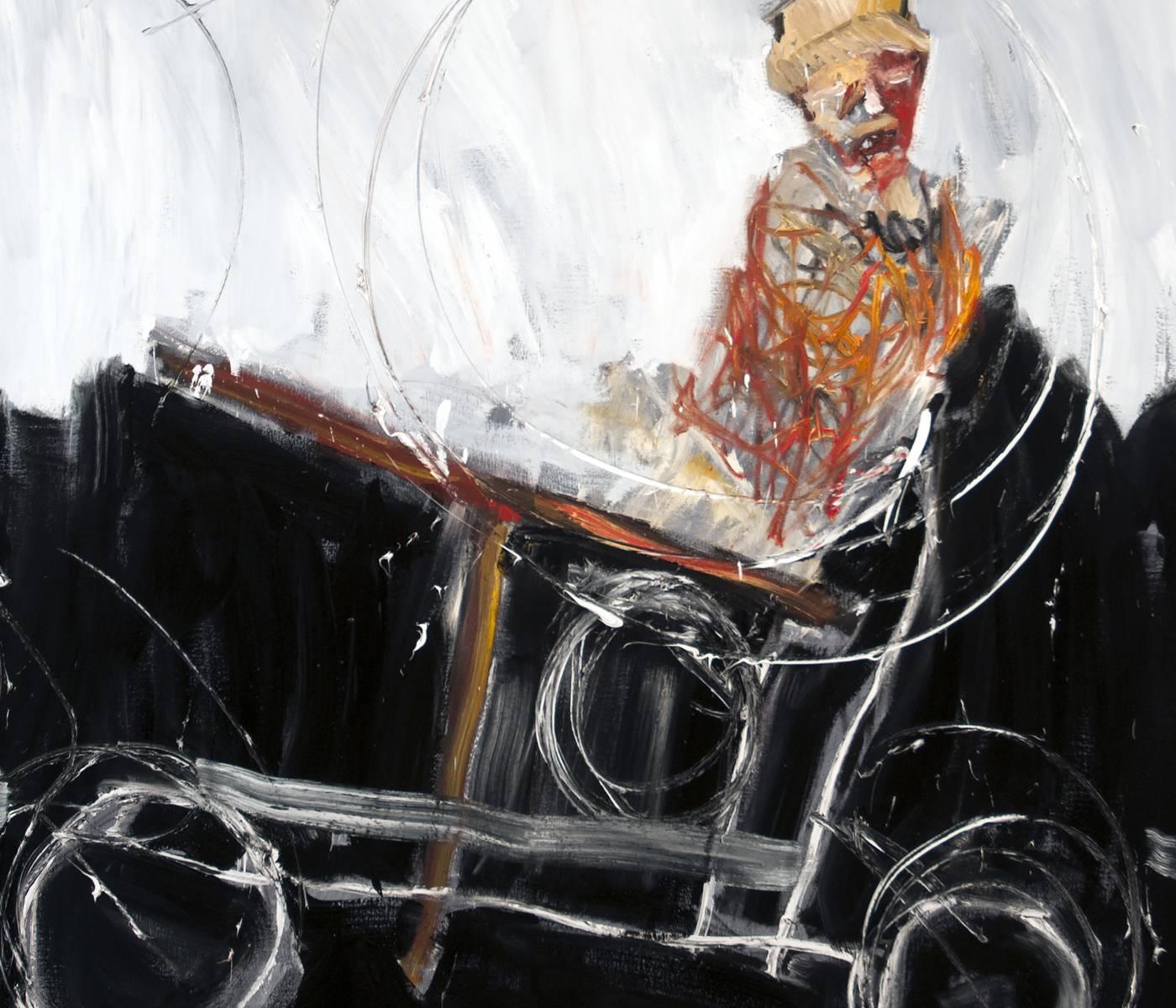 Memory, figurative oil painting of man on a handcar For Sale 1