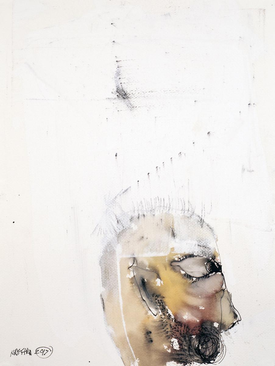 NOTE: This work ships from New York.

This striking watercolor by Brooklyn-based artist Michael Hafftka shows the portrait of a male in profile. His head is positioned at the bottom of the page and his body has been cut off at the neck. Above his