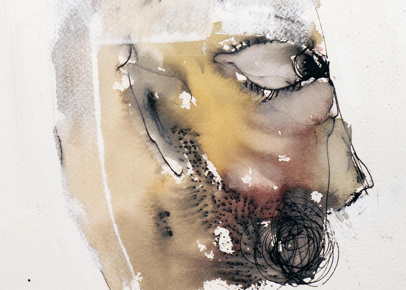 'Tongue Tied', Michael Hafftka. Figurative watercolor of a man's head For Sale 1