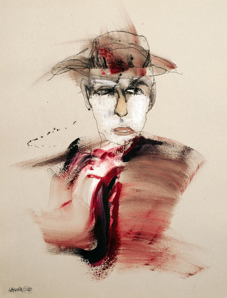 Michael Hafftka Portrait - Magician Watercolor portrait of a man in a black hat dressed in red