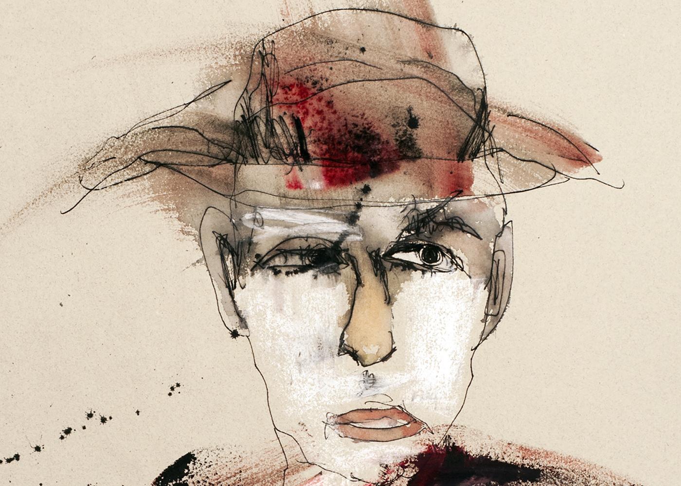 Magician Watercolor portrait of a man in a black hat dressed in red - Art by Michael Hafftka