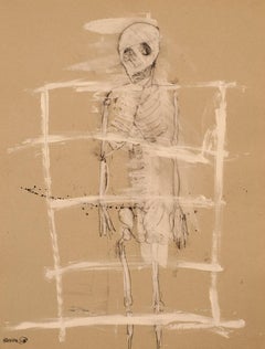 Michael Hafftka, Skeleton At The Gate, contemporary watercolor of a skeleton
