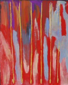 Brenton Ken, Australian Aboriginal contemporary red painting of yellow spears