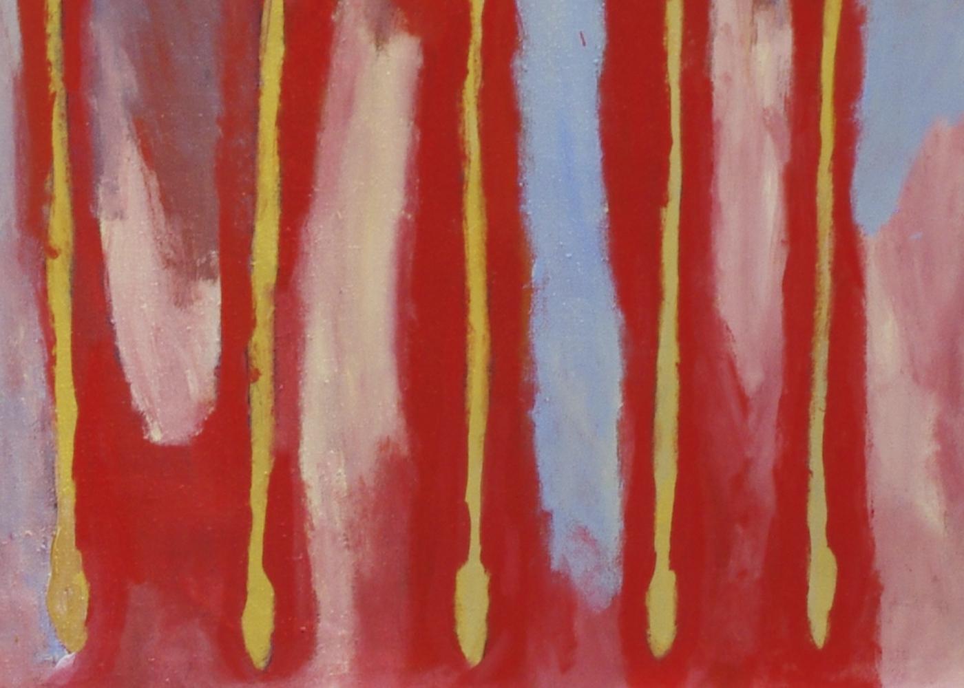 Brenton Ken, Australian Aboriginal contemporary red painting of yellow spears For Sale 3