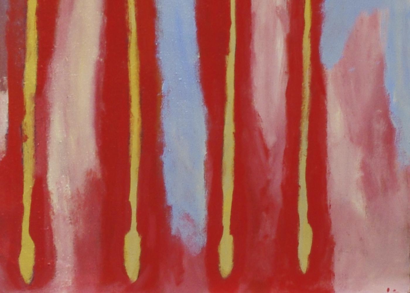 Brenton Ken, Australian Aboriginal contemporary red painting of yellow spears For Sale 5