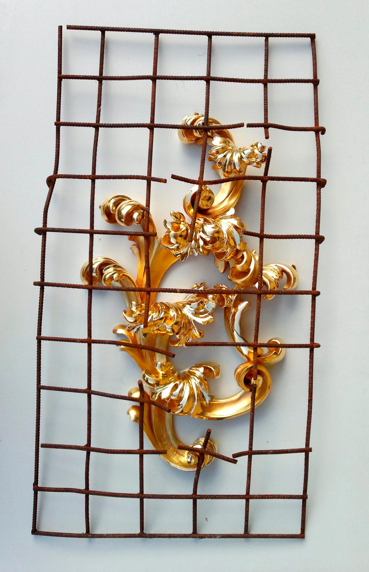 Egon Digon Still-Life Sculpture - Conquest, Renaissance style, gold carved wood, reclaimed rusted steel mesh