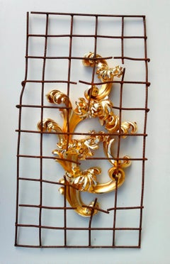 Conquest, Renaissance style, gold carved wood, reclaimed rusted steel mesh