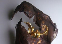 Convivenza, Renaissance style, gold carved wood, reclaimed rusted metal object